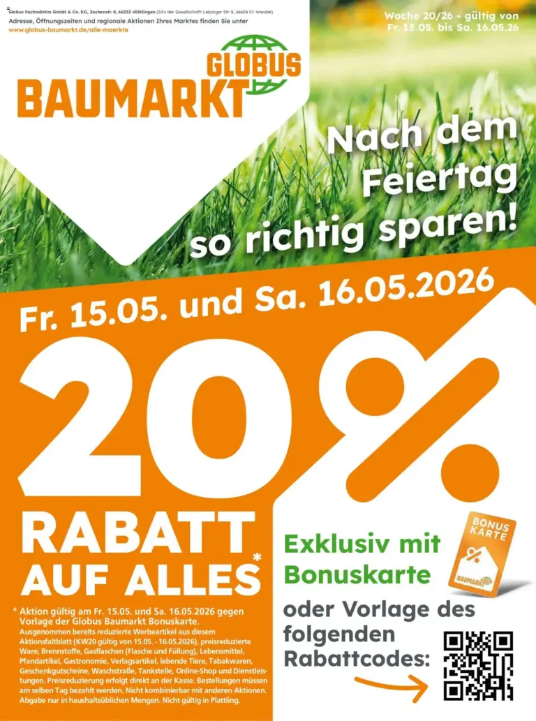 Globus Baumarkt Prospekt Oranienburg-Germendorf ab 15.05.2026 zum Blättern