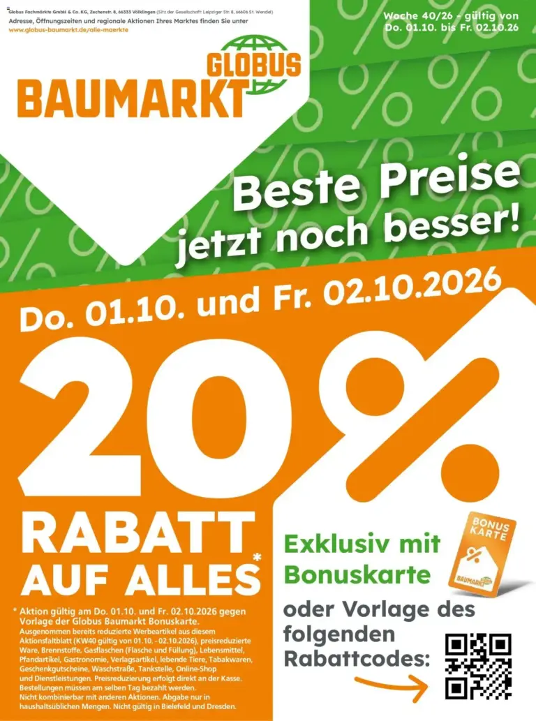 Globus Baumarkt Prospekt Berlin-Treptow zum Blättern vom 01.10.2026 bis 02.10.2026